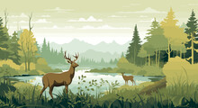 Wildlife-themed Vector Background With Natural Habitat Hues Of Wildlife Green And Animal Brown. Detailed Vector Illustration Of A Diverse Wildlife Habitat With Animals, Trees