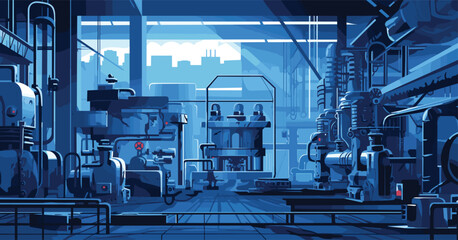 Create an industrial vector background with metallic grays and machinery blues. The subject is a clear vector depiction of a factory floor with heavy machinery and industrial equipment.