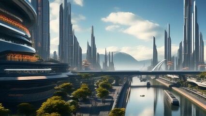 Wall Mural - Futuristic technological dystopian city cinematic wallpaper