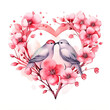 Watercolor heart with flowers and birds in love on white background. Valentine day clipart 