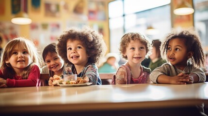 Group of child sitting in the school cafeteria eating lunch.