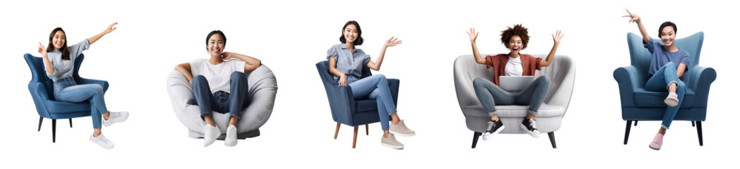 set of portrait of attractive cheerful young woman sitting in armchair, isolated on white background