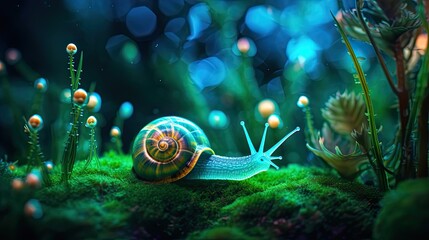 Wall Mural - a snail in a bioluminescent lush decor avatar