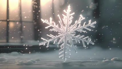 Wall Mural - Minimal animation of a delicate snowflake falling and melting on a frosty window, accompanied by soft piano music