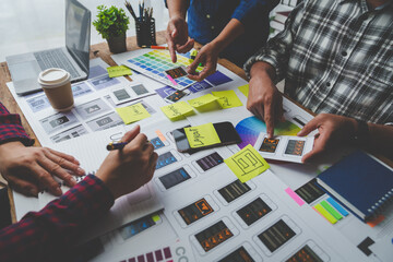 Web creative team Graphic designer planning for mobile phone choose color template draw app website ux ui for mobile application and development model Prototype outline development process.
