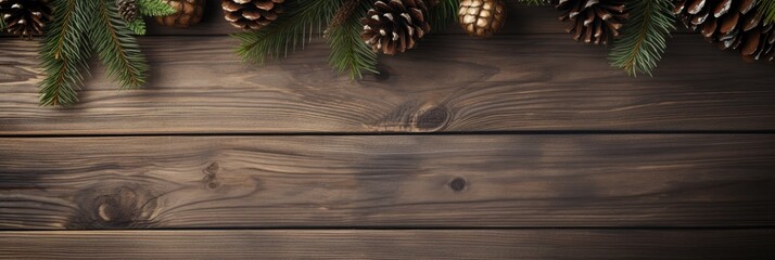 Wall Mural - christmas tree branches and pine cones on wooden background, generative AI