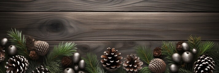 Wall Mural - christmas tree branches and pine cones on wooden background, generative AI