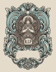 Illustration vector angels praying at the tombstone with engraving ornament frame