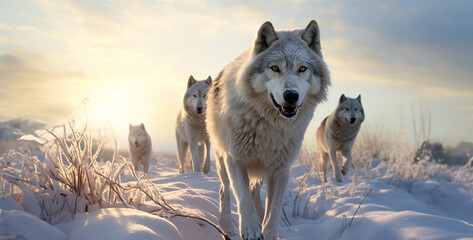 Wall Mural - a wolf pack in snowy fields expert photography, wolf in winter