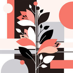 Wall Mural - Vector paintings of geometric shapes and plants. Flowers, leaves. Mixed style. Bauhaus. Backgrounds for poster, banner, print.