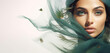 Double exposure of fashion Arabian woman with green eyes and flying feathers.. Beautyful female portrait