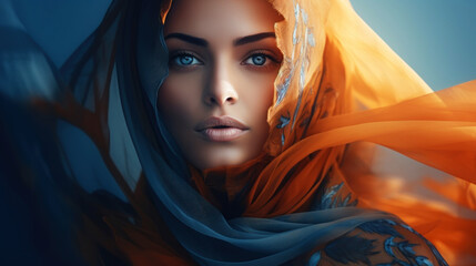 Wall Mural - Double exposure of fashion Arabian woman in traditional orange Muslim clothing with blue eyes. Beautiful female portrait