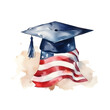 Watercolor clipart graduating cap with USA flag on transparent background. sublimation, tshirt, mug, pillow, tumbler, print