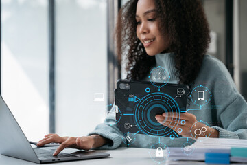 person using smartphone, tablet with sdk icon on virtual screen. sdk software development kit progra