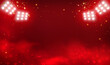 Empty scene background with red smoke spotlights. Red smoke mist fog background with gold glitter sparkle. Red stage studio with smoke float up the interior texture for display products. Vector EPS10.