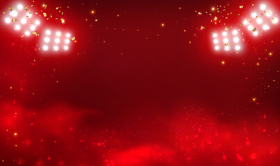 Wall Mural - empty scene background with red smoke spotlights. red smoke mist fog background with gold glitter sp