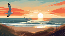 Vector Scene Portraying A Heath By The Sea On A Clear Summer Day. Seagull In Mid-flight, Is The Focal Point, Its Wings Spread Wide Against The Backdrop Of A Striking Sunset Sky. 
