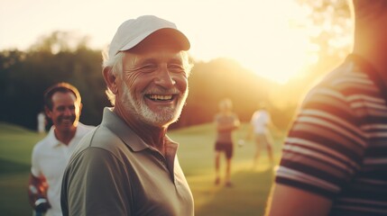 A group of seniors enjoying playing golf together outdoors at the country club. sunset in summer