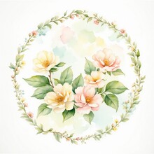 Watercolor Wreath Of Flowers In Hand Painted Vintage Pastel Style. Valentine's Day, Mother's Day, Women's Day Background. Generative AI