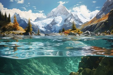 Wall Mural - Crystal-clear reflections of snow-capped peaks on the surface of a pristine alpine lake