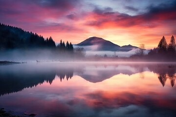 Wall Mural - A mist-covered lake reflecting the vivid colors of a sunrise sky, with silhouettes of distant mountains