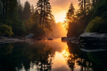 Wall Mural - A gentle curve of a river reflecting the fiery hues of a sunset, framed by ancient redwood trees