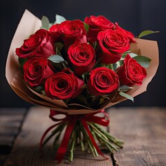 Poster - bouquet of red roses on wooden background