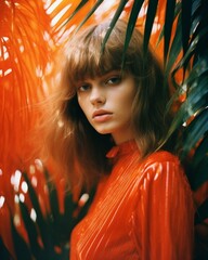 Wall Mural - portrait of a girl and palm leaves