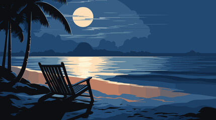 Wall Mural - minimalistic vector portrayal of a tranquil beach at night, with moonlight casting a soft glow on th