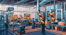 Vector Illustration Depicting A Futuristic Robotics Assembly Line Where Advanced Grid Patterns Guide The Precision Of Automated Robots, Enhance The High-tech Manufacturing Environment While Ensuring