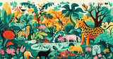 Fototapeta Pokój dzieciecy - vector illustration depicting a wild jungle adventure populated by doodle animals, plants, and explorers, playful jungle setting