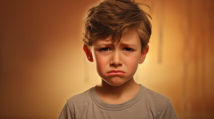 Portrait of a sad boy on simple background, not happy and alone.