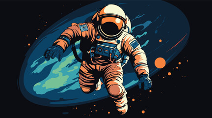 Wall Mural - space exploration vector vector illustration of an astronaut floating in space with the earth in the