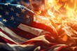 A close up view of an American flag engulfed in flames. This powerful image represents themes of protest, patriotism, and political unrest.