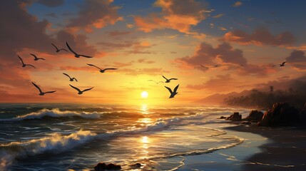 Wall Mural - Beautiful group of birds at beach with sea wave and sunset view. Animals concept background. Generative AI