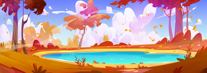 Wall Mural - Autumn forest lake with yellow foliage on trees. Vector cartoon illustration of golden leaves flying in wind above blue water, fall season in fairytale valley, clouds in sky, beautiful travel scenery