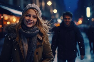 Sticker - A woman is seen walking down a street covered in snow. This image can be used to depict winter scenes or the beauty of a snowy day