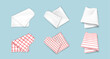 © klyaksun - Folded white, checkered, striped kitchen towels set isolated on background. Vector realistic illustration of fabric handkerchief, tablecloth for restaurant or home design, clean linen after laundry