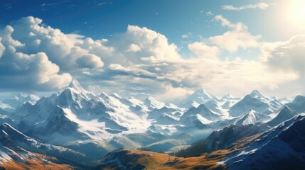 Wall Mural - A breathtaking view of a mountain range with snow-capped peaks. Ideal for travel and adventure-themed projects