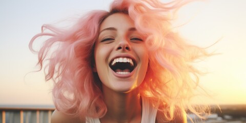 Poster - A woman with pink hair joyfully laughing. This image can be used to depict happiness, joy, and positivity