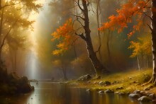 Autumn Trees Beside A River Generative AI. Virtual Video Scene Animated Background