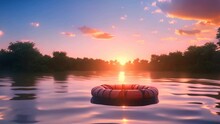Raft Floating On The River After Sunset