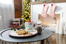 Cookies And Cocoa With Christmas Tree And Hung Stockings