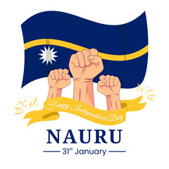 Wall Mural - Nauru Independence Day for greeting card with clenched fist, fireworks and ribbon