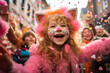 festive and vibrant depiction of young girls joyously participating in Fasching celebrations in Germany, all dressed in creative cat costumes