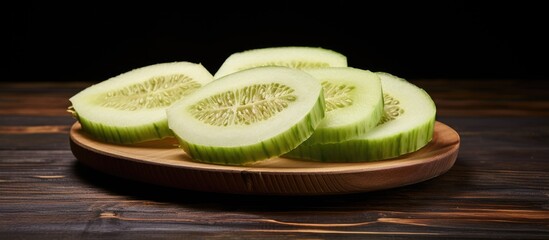 Canvas Print - Japanese green melon fruit sliced on wood table.