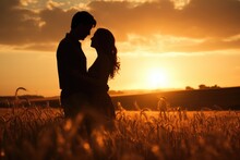 A Couple Of Love Standing In A Field Of Wheat At Sunset . Generative Ai