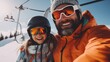 A man and a little girl sitting on a ski lift. Perfect for capturing the joy and excitement of a winter vacation