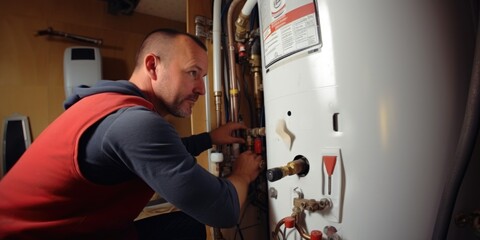 Wall Mural - A man is pictured fixing a water heater in a kitchen. This image can be used to illustrate home maintenance or plumbing repairs