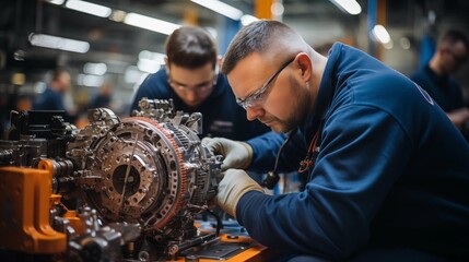 Skilled worker assembling intricate oilfield refinery oil gas machinery engine in a well-lit manufacturing plant facility